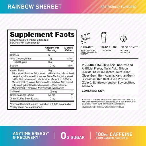 Optimum Nutrition ESSENTIAL AMIN.O. ENERGY® *new* Rainbow Sherbet - Notify Me 0.6 lb - Notify me | 1956CWLND