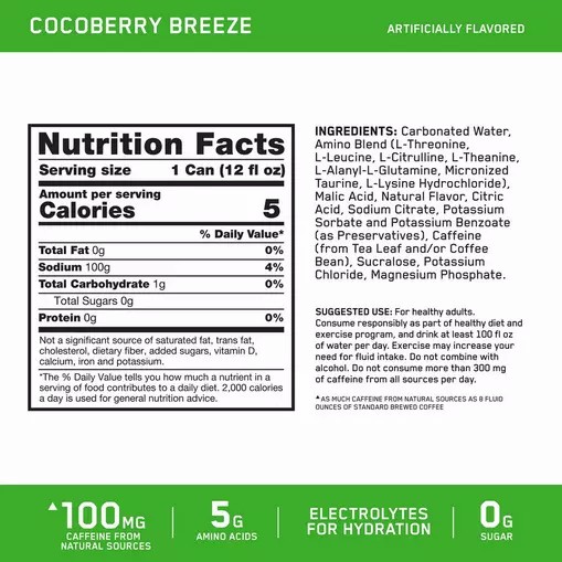 Optimum Nutrition ESSENTIAL AMIN.O. ENERGY+ Electrolytes Sparkling *new* Cocoberry Breeze 355ml * 12 Cans (12 Servings) | 9620XKOJA