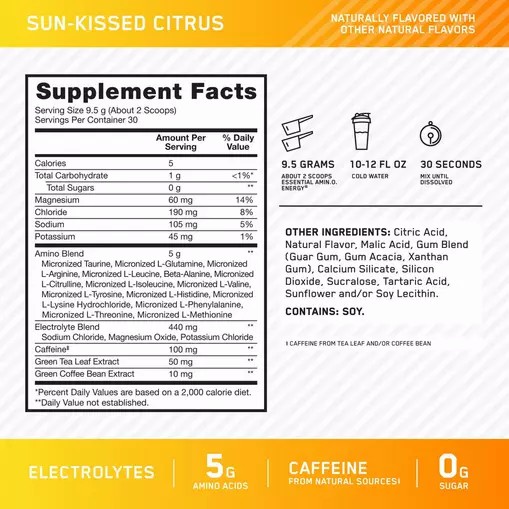 Optimum Nutrition Essential AMIN.O. ENERGY + Electrolytes *new* Sun-kissed Citrus 0.63 lb (30 Servings) | 4930WYTJO