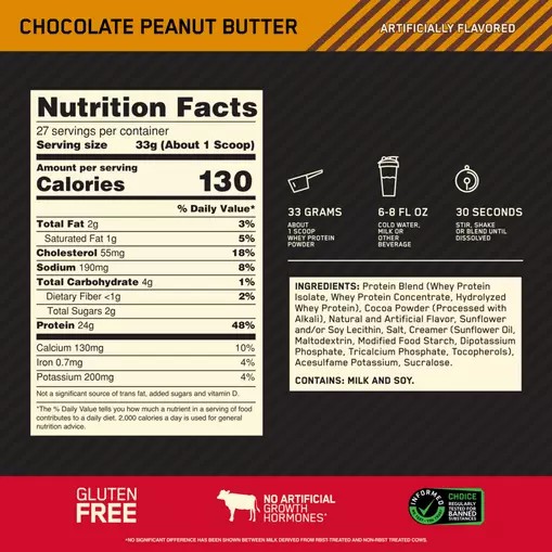 Optimum Nutrition GOLD STANDARD 100% WHEY™ Chocolate Peanut Butter 2 lb (27 Servings) | 7413KYFOA