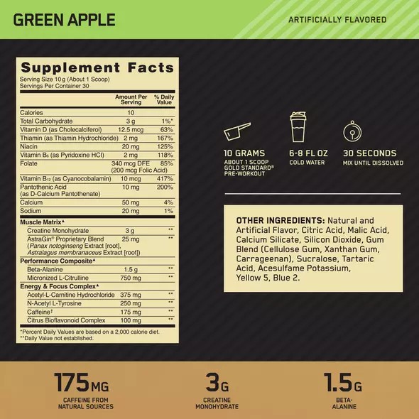 Optimum Nutrition GOLD STANDARD® Pre-Workout Green Apple 0.66 lb (30 Servings) | 0428DQWGR