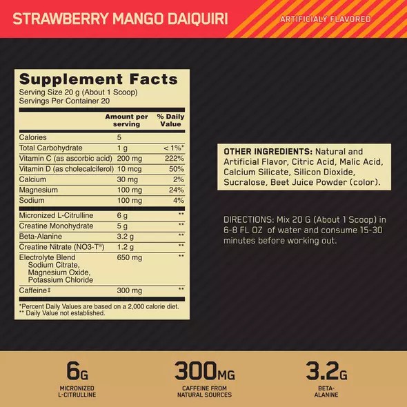 Optimum Nutrition GOLD STANDARD® Pre Advanced Strawberry Mango Daiquiri 0.88 lb (20 Servings) | 6854UXNKG