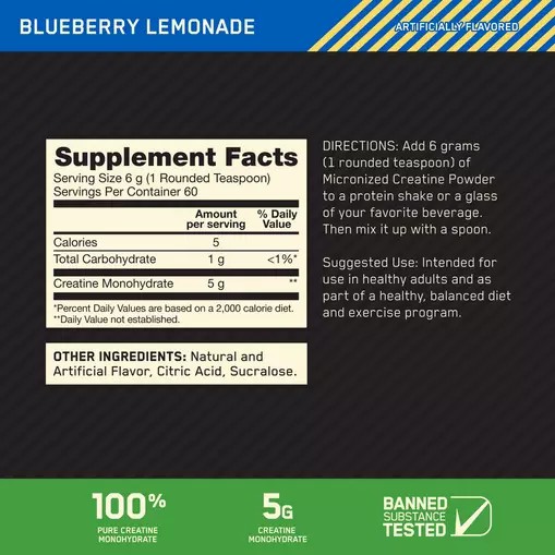 Optimum Nutrition Micronized Creatine Powder Blueberry Lemonade 0.79 lb (60 Servings) | 1306ITDGL